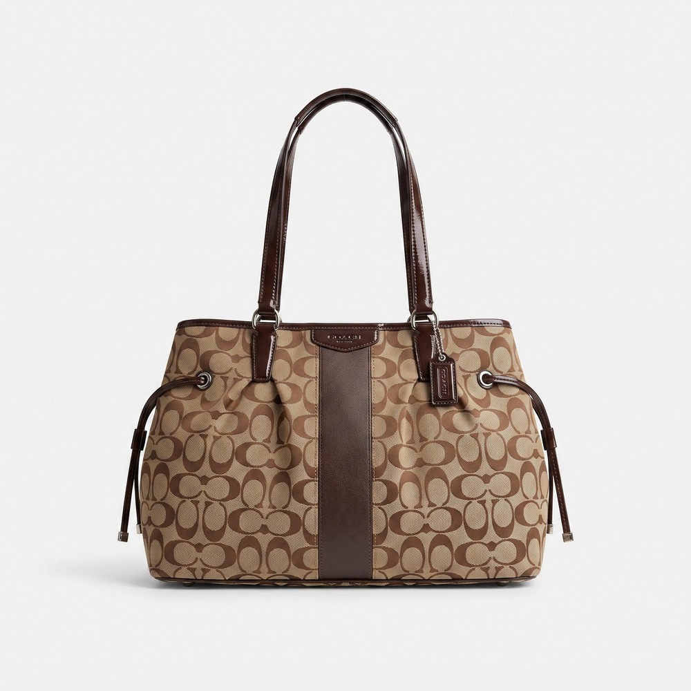 Coach Signature Monogram Gallery Tote Bag Medium Brown Tan Canvas Leather Trim